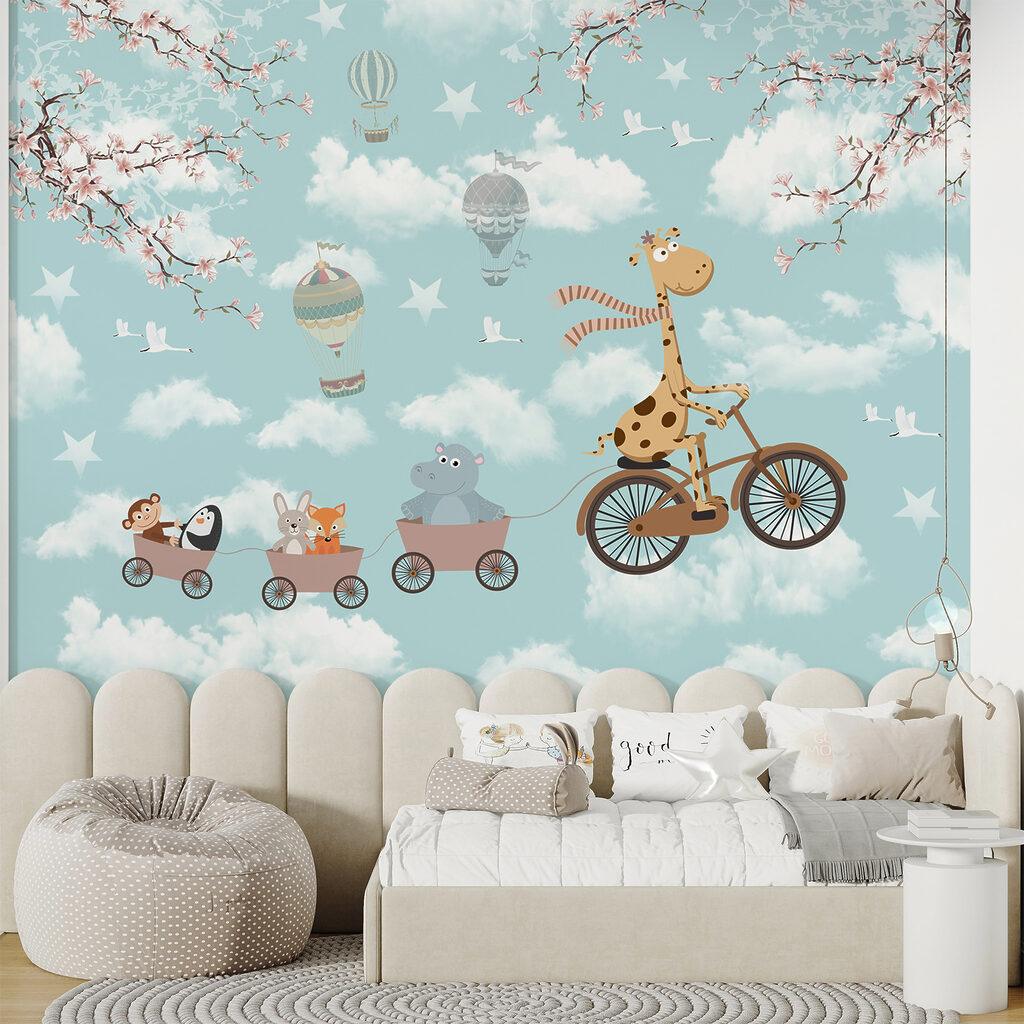 Giraffe riding a bicycle with animals in a train