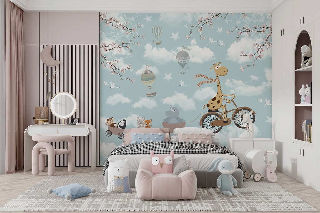 Giraffe riding a bicycle with animals in a train