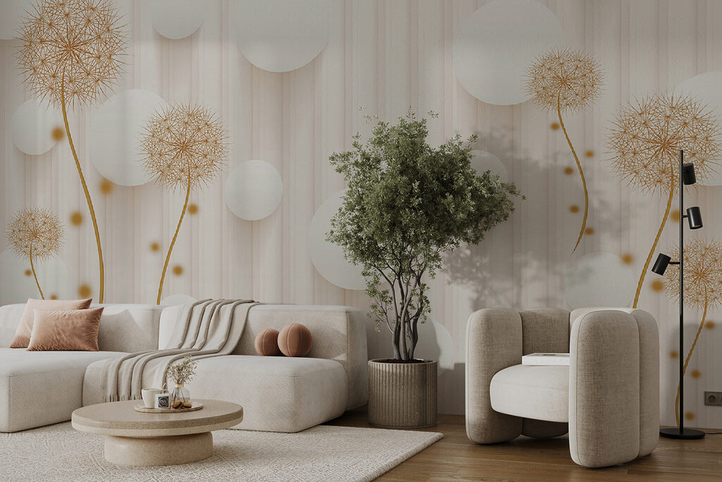 White circles and dandelions on a white background