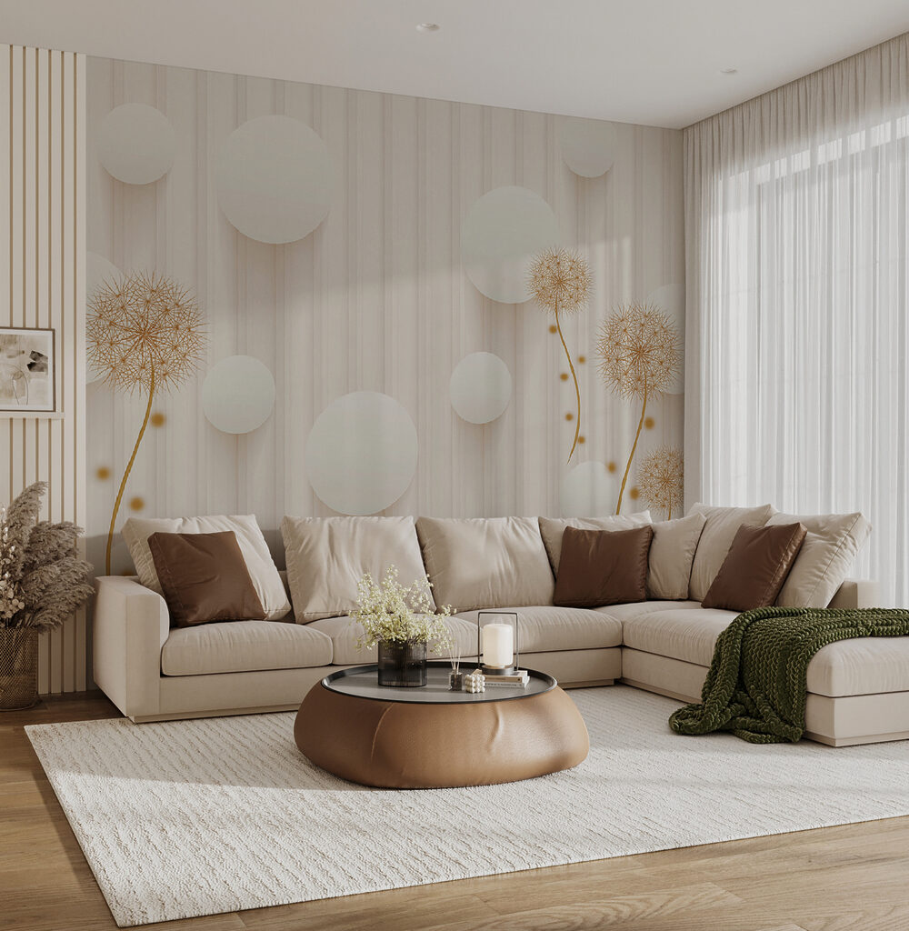 White circles and dandelions on a white background