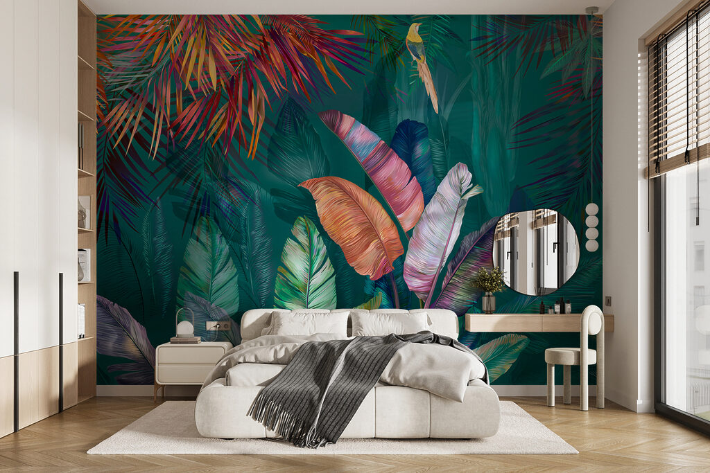 Colorful tropical leaves and birds