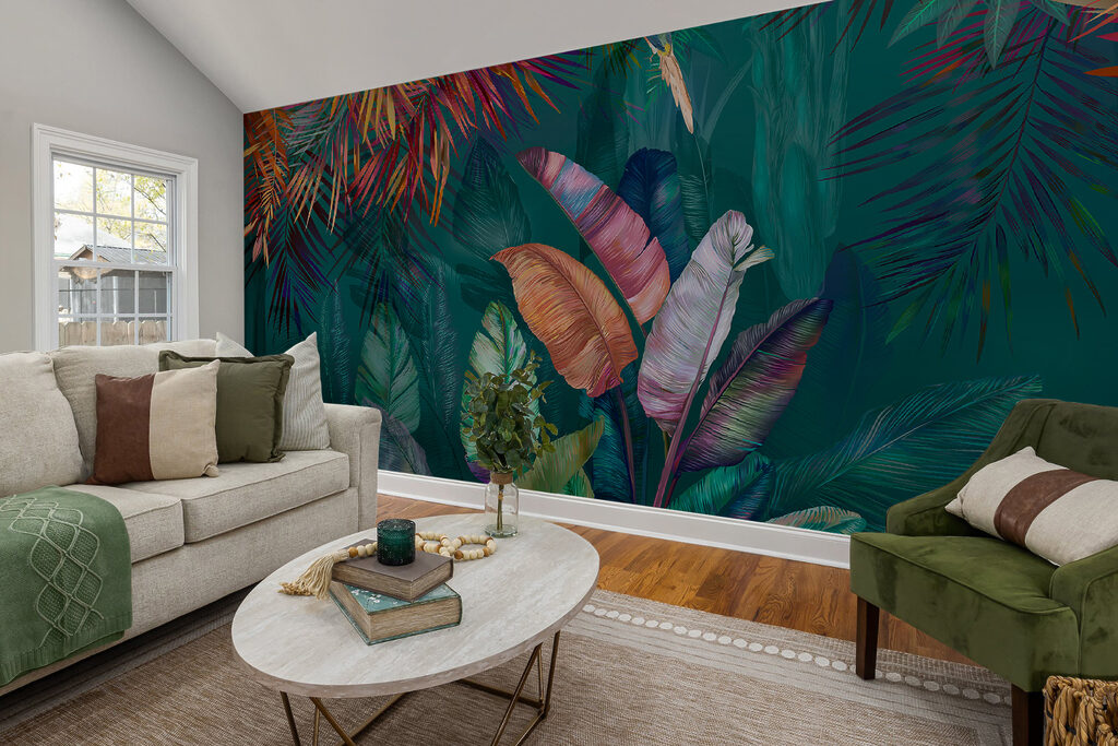 Colorful tropical leaves and birds