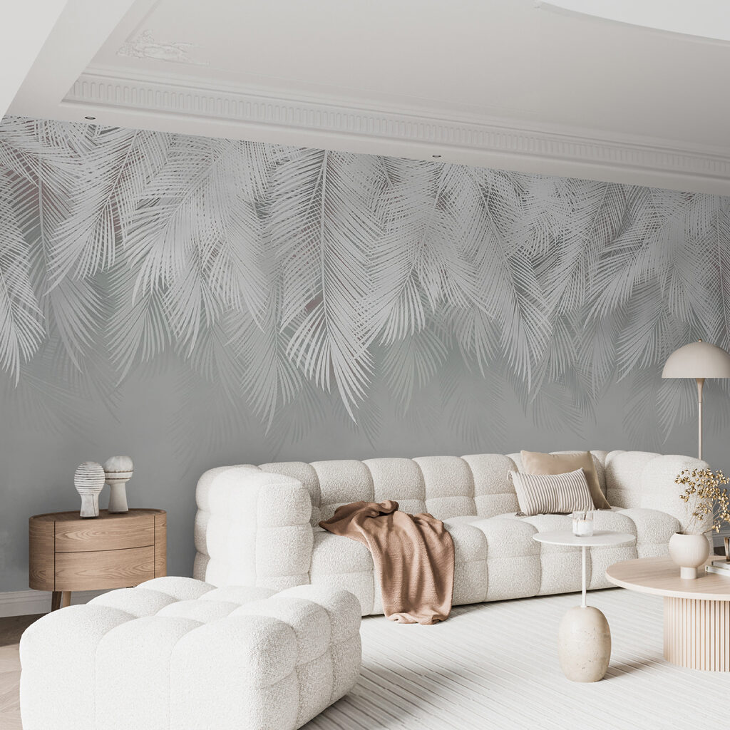 White feather pattern on a gray background