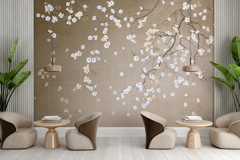 Tree branch with white and blue flowers