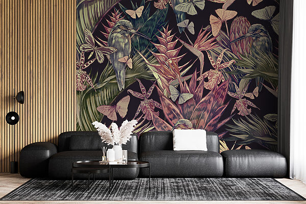 Pattern of tropical plants and birds