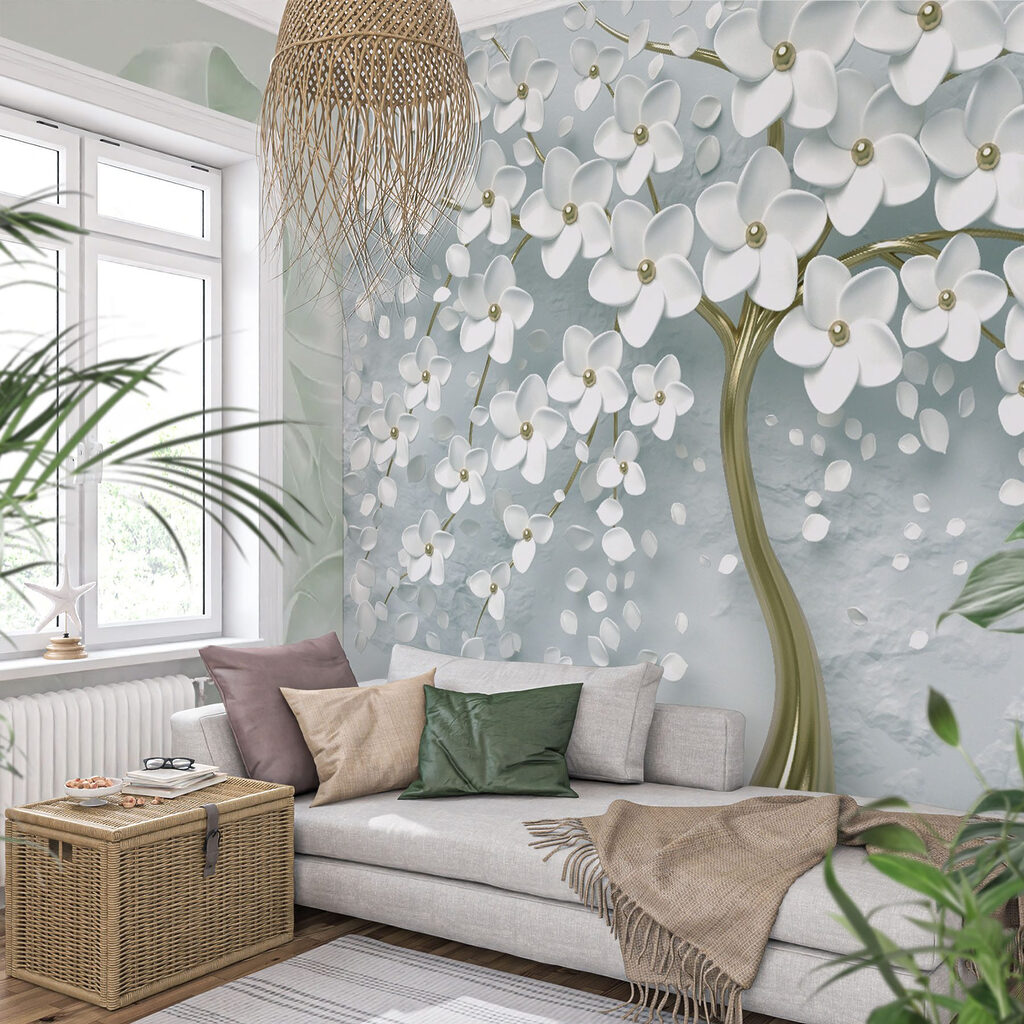 Tree with white flowers on a grey background