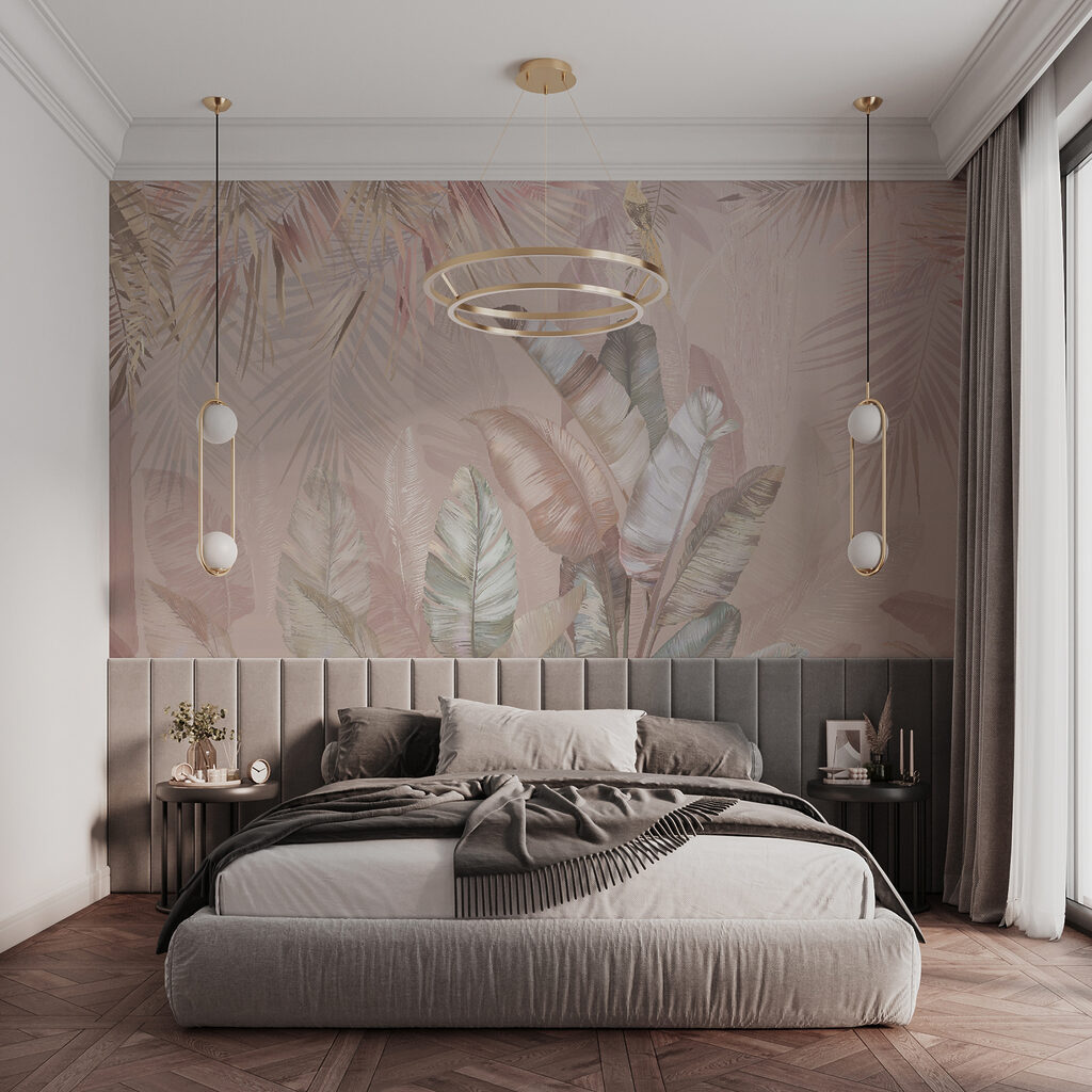 Tropical leaves in soft pastel hues