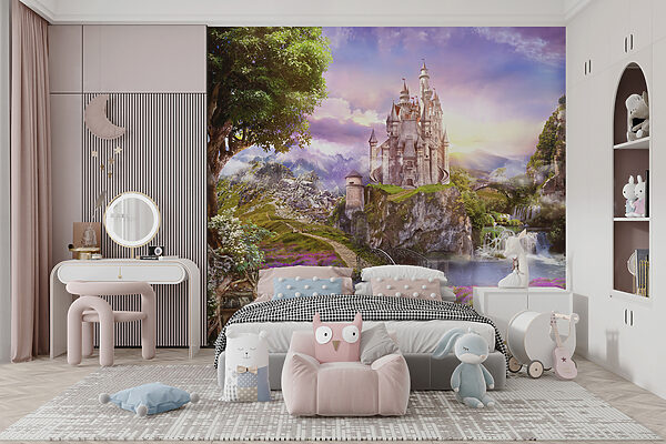 Castle on a cliff with a waterfall and a bridge