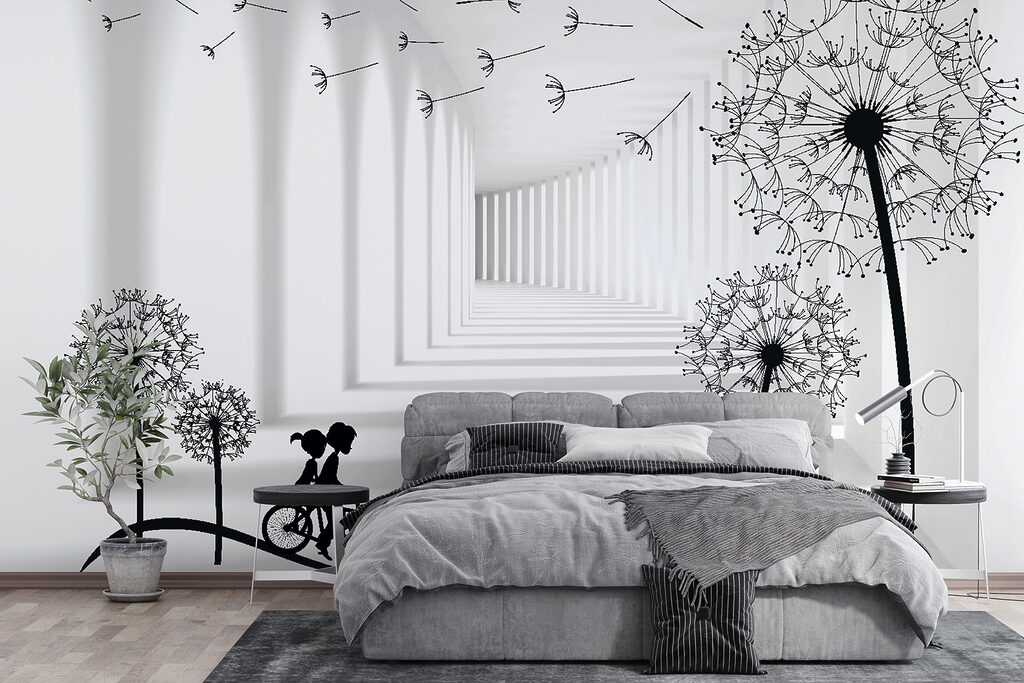 Girl riding a bike in a room with dandelions