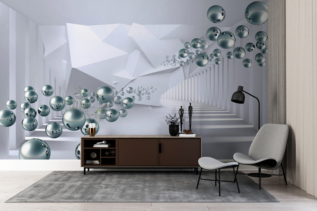 White room with white walls and white columns and silver balls