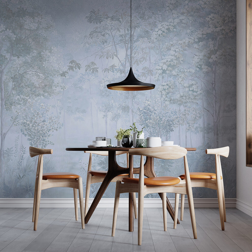 Foggy forest with trees and plants