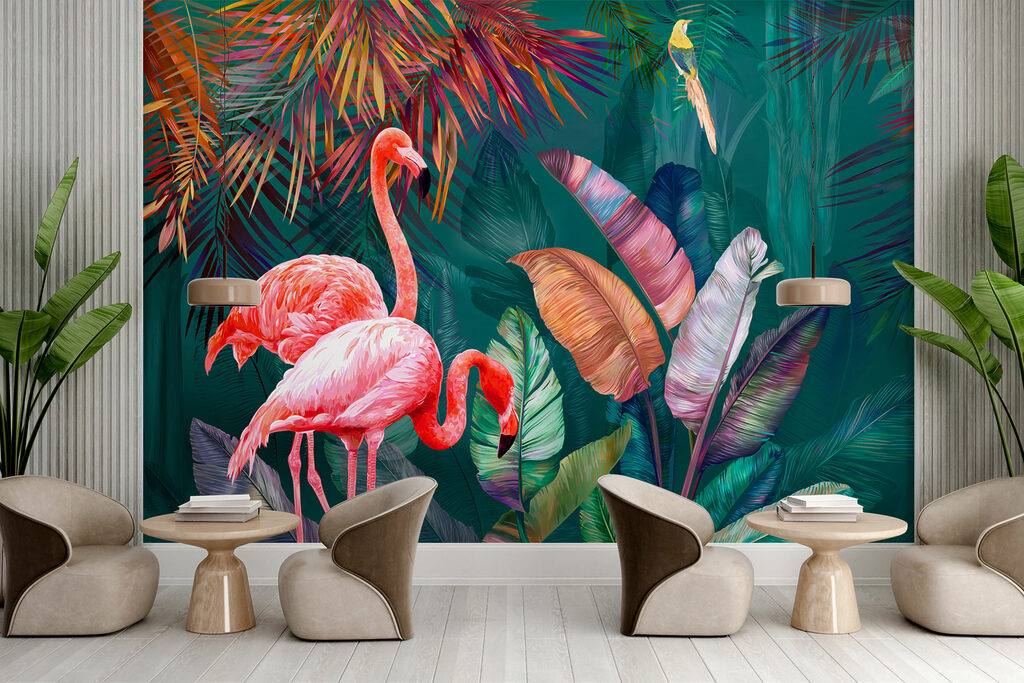Flamingos and colorful leaves