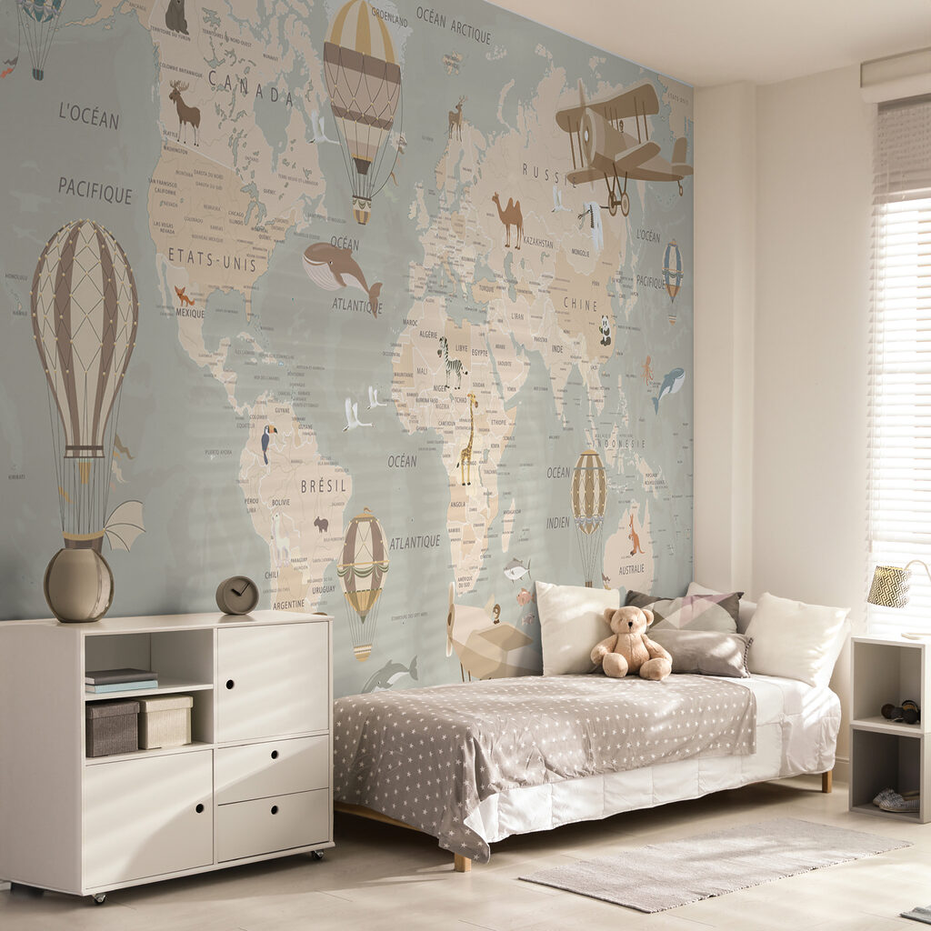 Map of the world with airplanes and hot air balloons