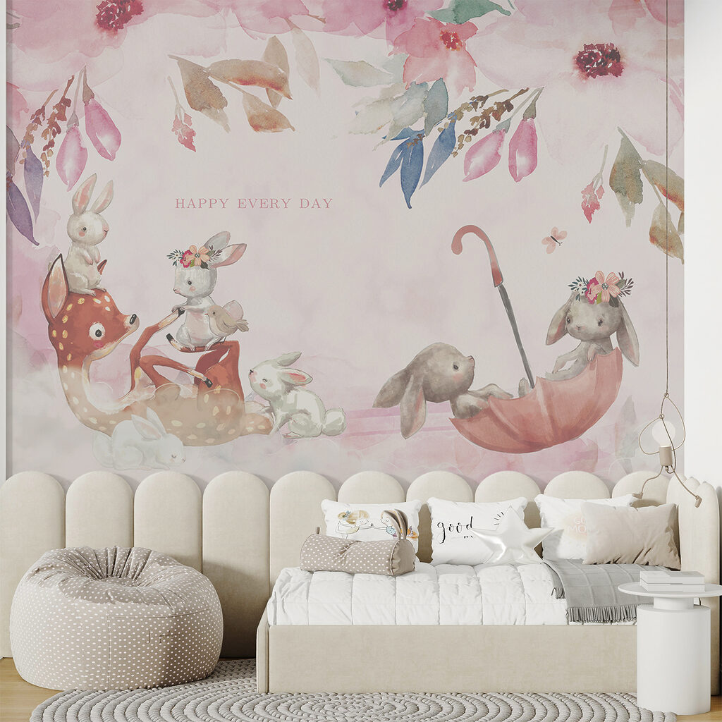 Group of bunnies in an umbrella