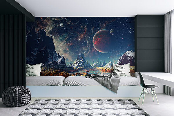 Krajobraz gór i wody z planetami i gwiazdami Krajobraz gór i wody z planetami i gwiazdami