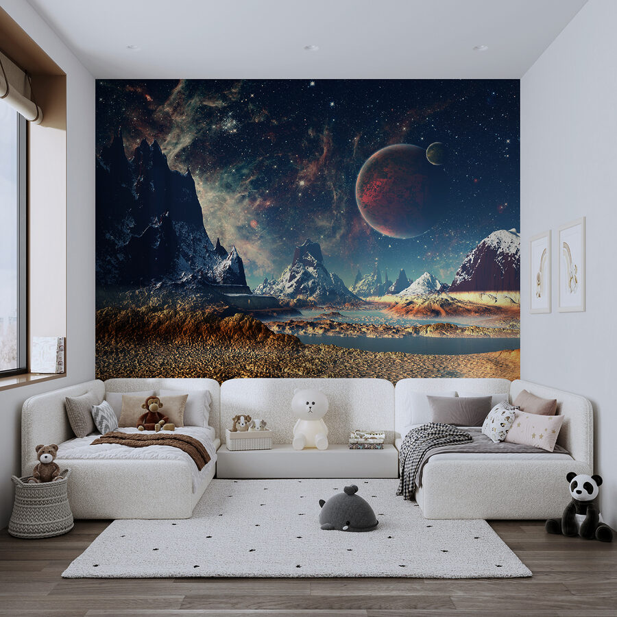 Krajobraz gór i wody z planetami i gwiazdami