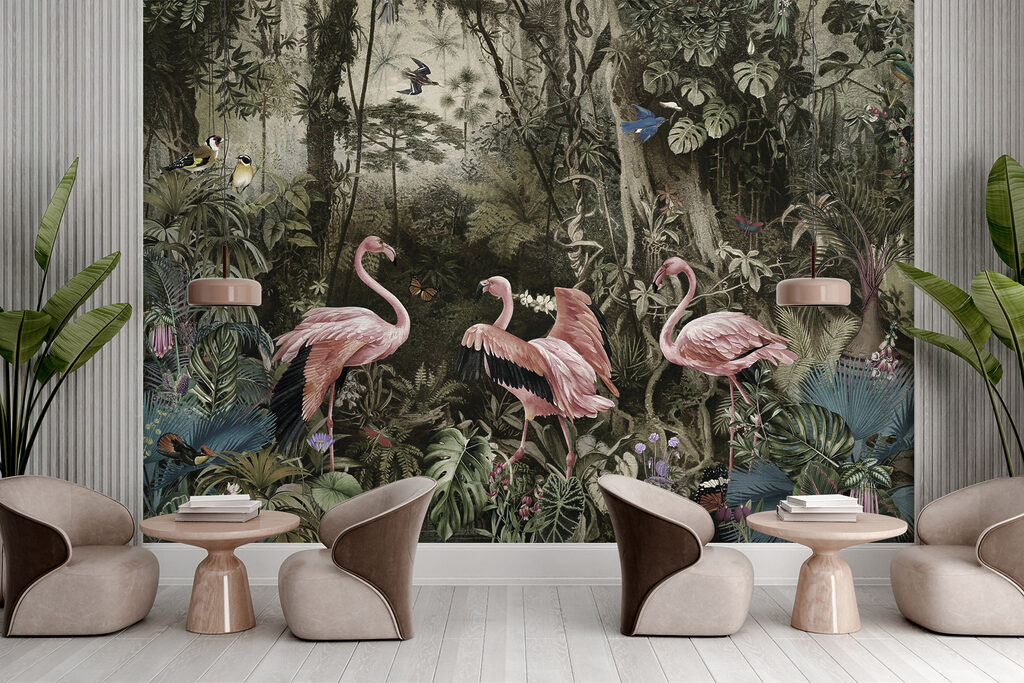 Group of pink flamingos in a forest