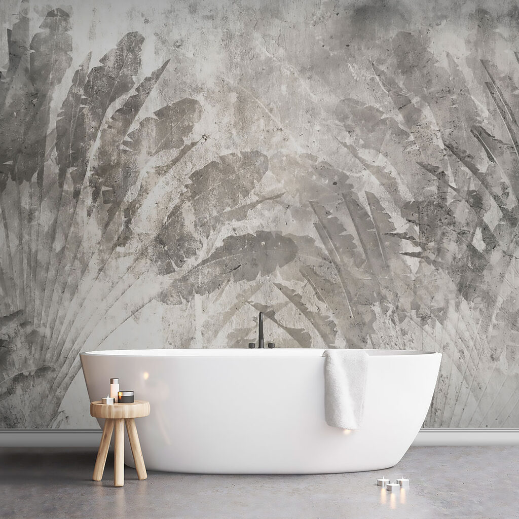 Grey and white background with leaves