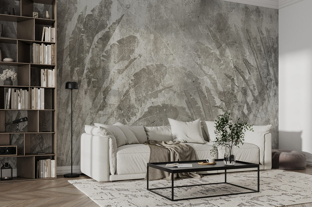 Grey and white background with leaves