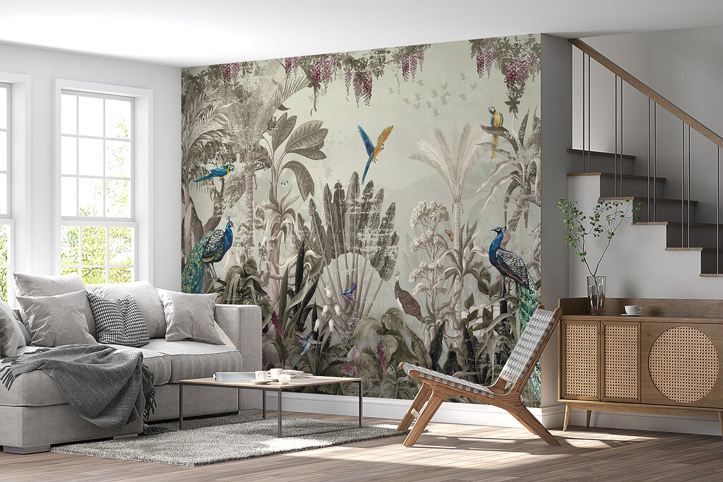 Wallpaper with birds and plants