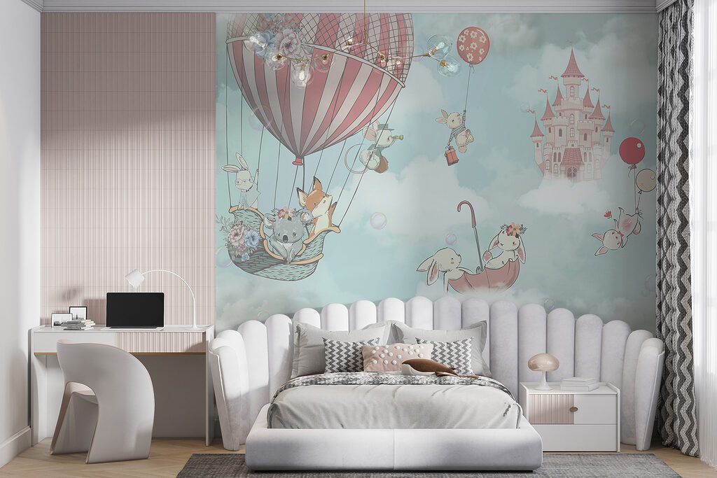 Cartoon of animals in a hot air balloon