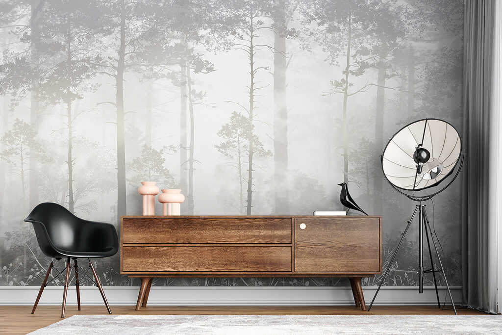 Foggy forest with tall trees