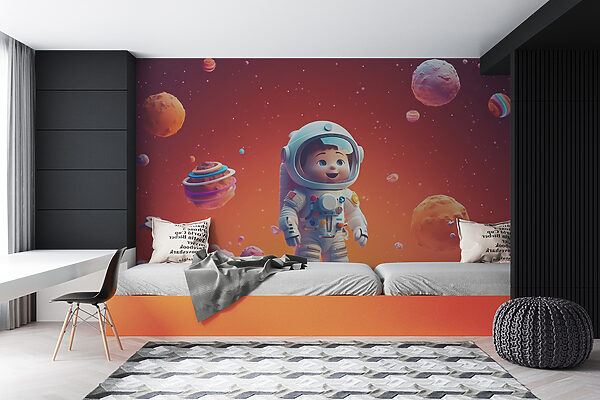 Kreskówka przedstawiająca zabawkowego astronautę w kosmosie Kreskówka przedstawiająca zabawkowego astronautę w kosmosie