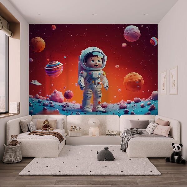 Kreskówka przedstawiająca zabawkowego astronautę w kosmosie Kreskówka przedstawiająca zabawkowego astronautę w kosmosie