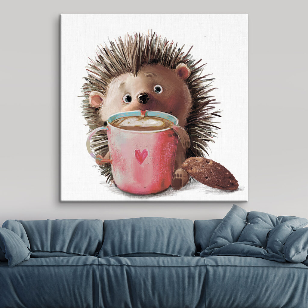 A hedgehog holding a cup of coffee