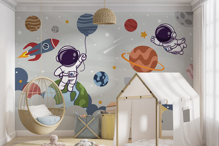 Kreskówkowy astronauta w kosmosie z planetami i rakietą lecącą po niebie