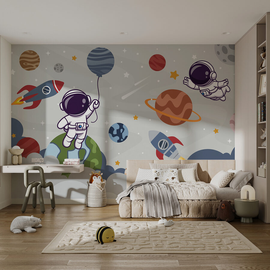 Kreskówkowy astronauta w kosmosie z planetami i rakietą lecącą po niebie
