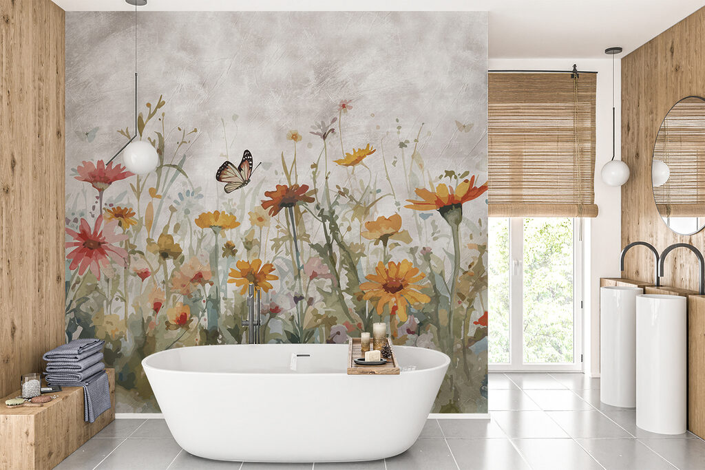 Butterfly flying over a flower field