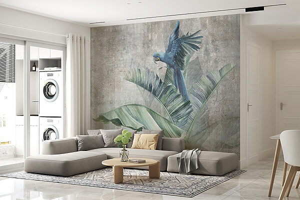 Blue parrot on a banana leaf