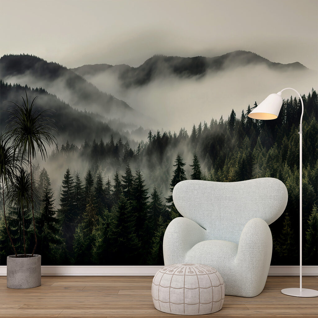 Forest with fog and mountains Forest with fog and mountains