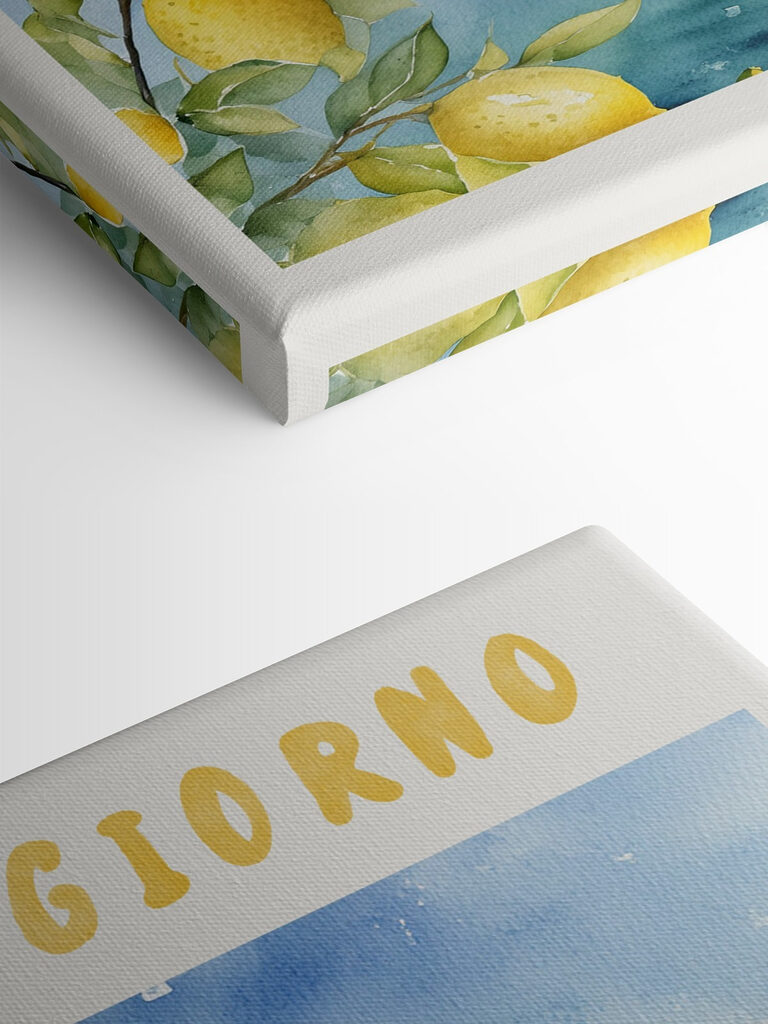 Watercolor painting of a city and a body of water