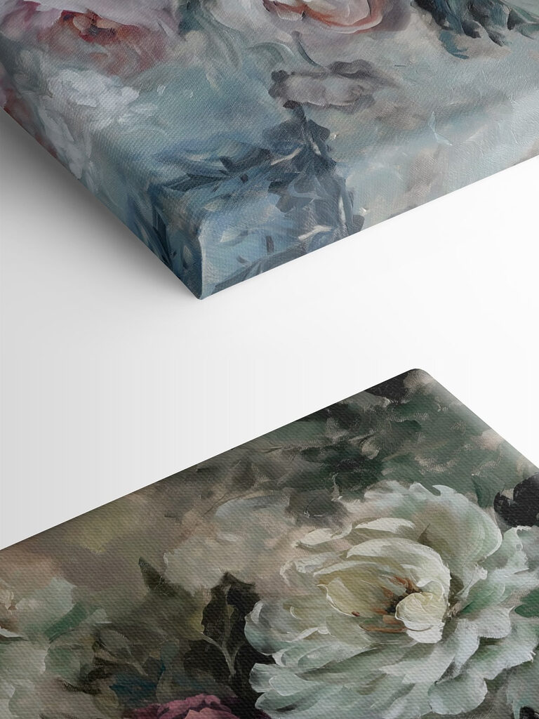 A painting of flowers on a blue background