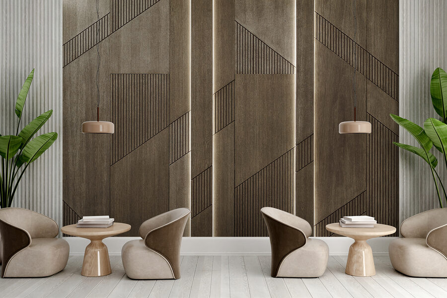 Elegancki geometryczny wzór na drewnianych panelach.