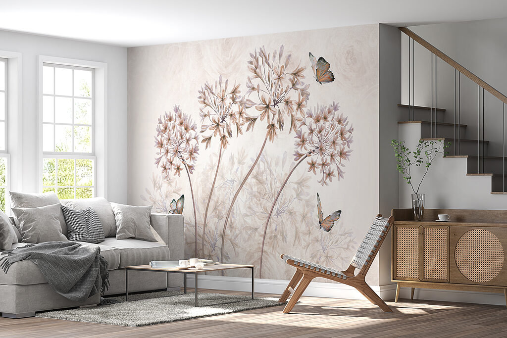 A painting of flowers and butterflies A painting of flowers and butterflies