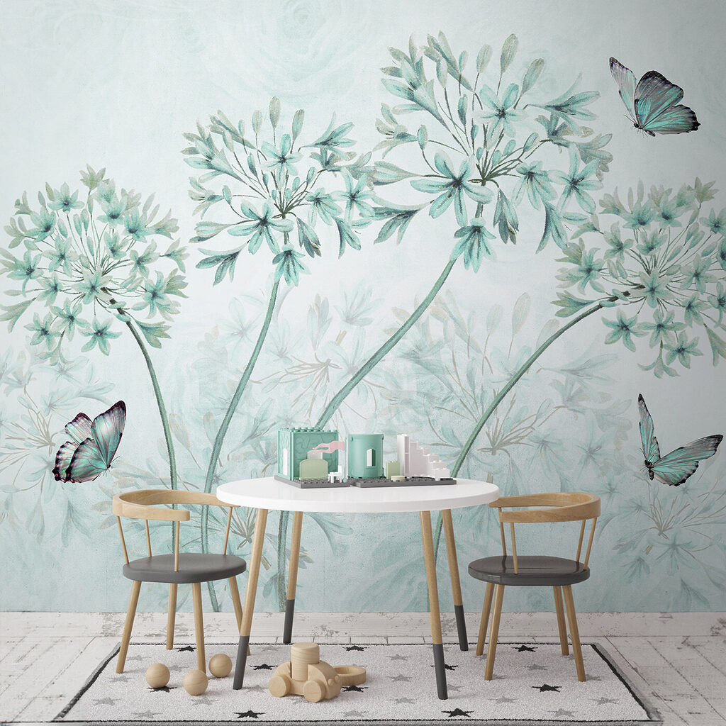 A painting of flowers and butterflies