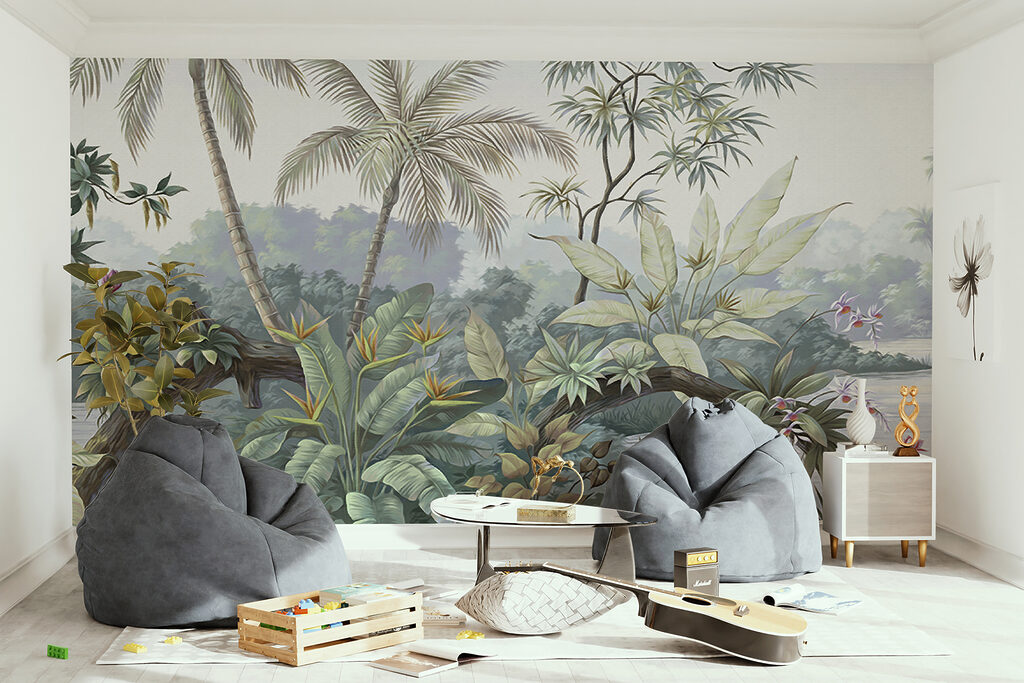 A mural of a forest with trees and water