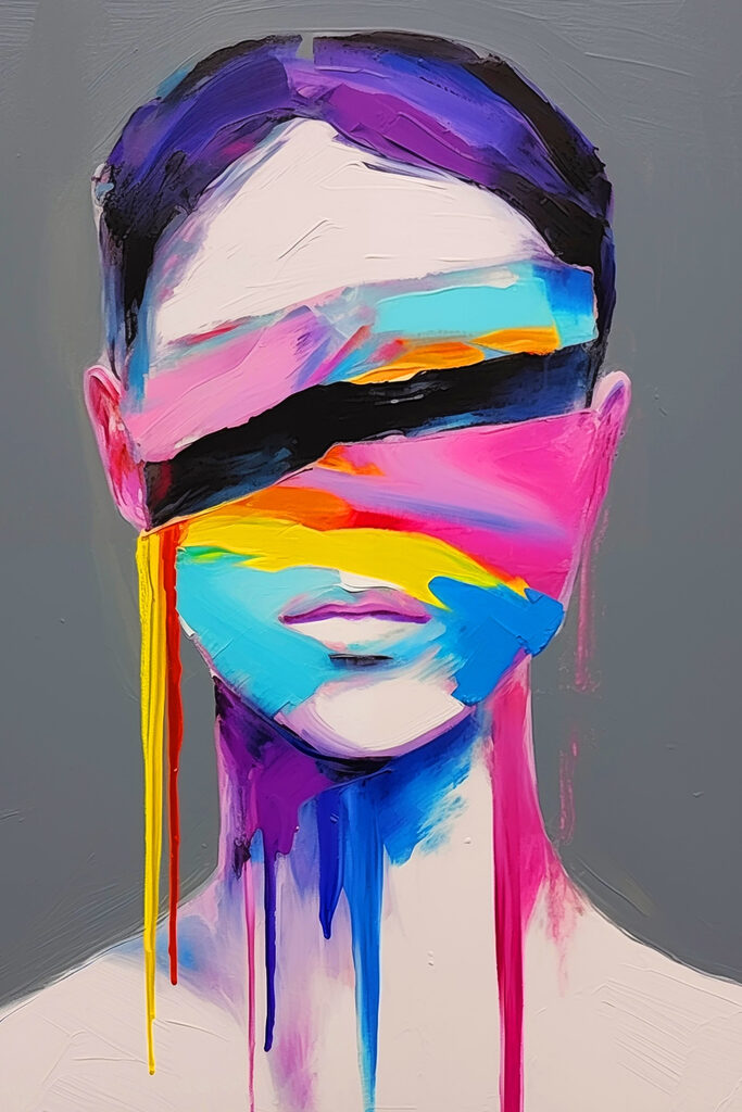 Painting of a woman with colorful paint on her face