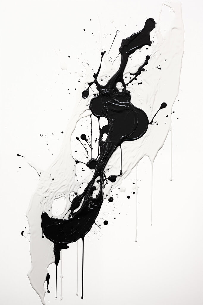 Black and white paint splattered on a white surface