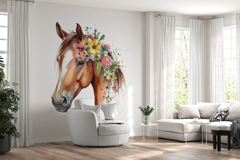 A watercolor of a horse with flowers on its head A watercolor of a horse with flowers on its head