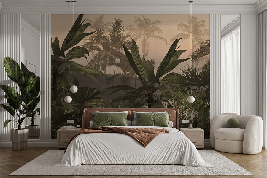 Grupa palm w mglistym lesie