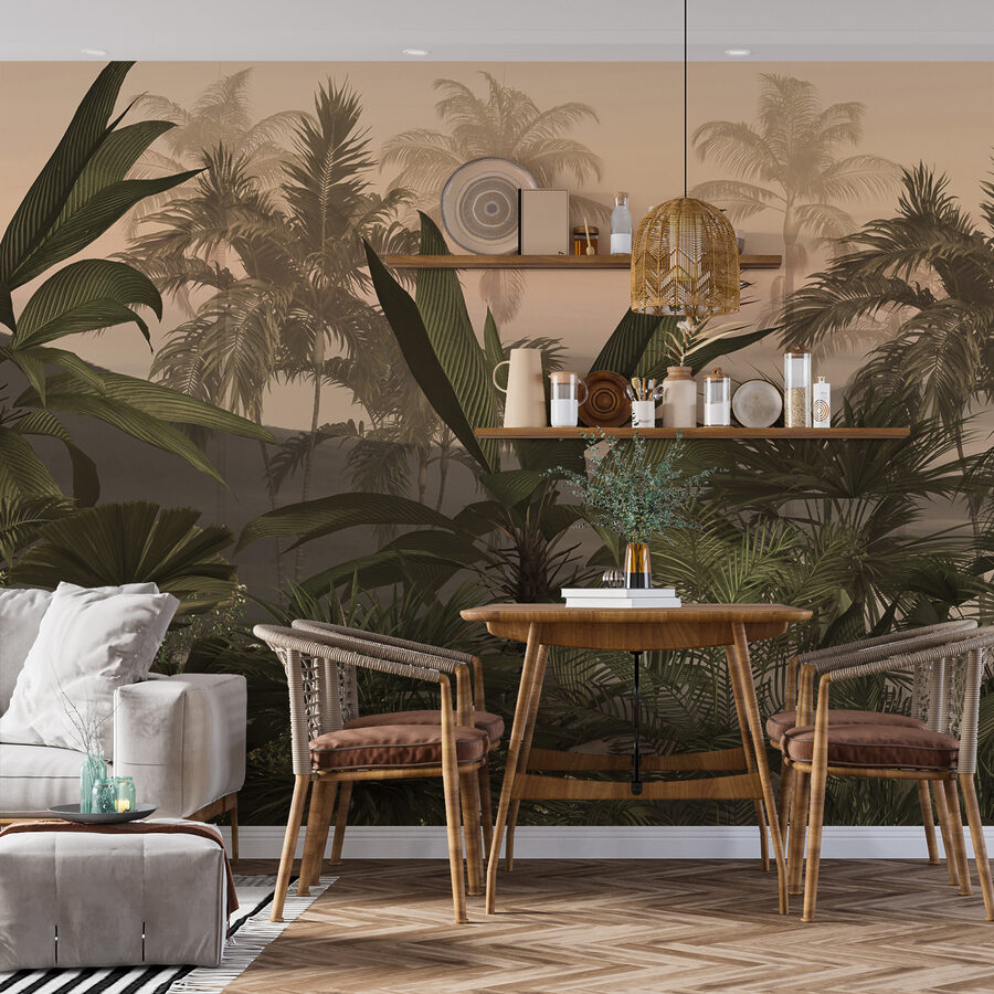 Grupa palm w mglistym lesie