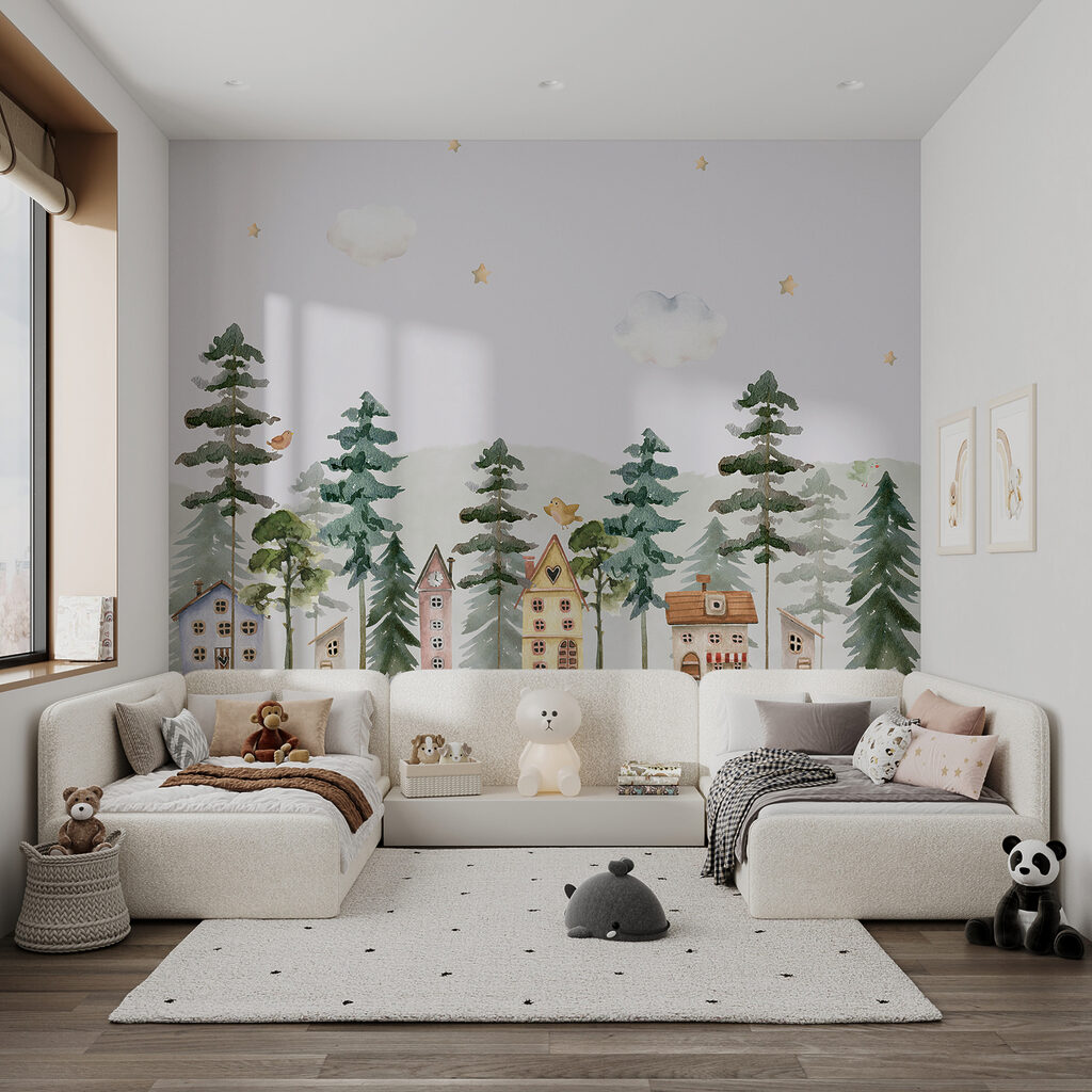 A watercolor painting of houses and trees