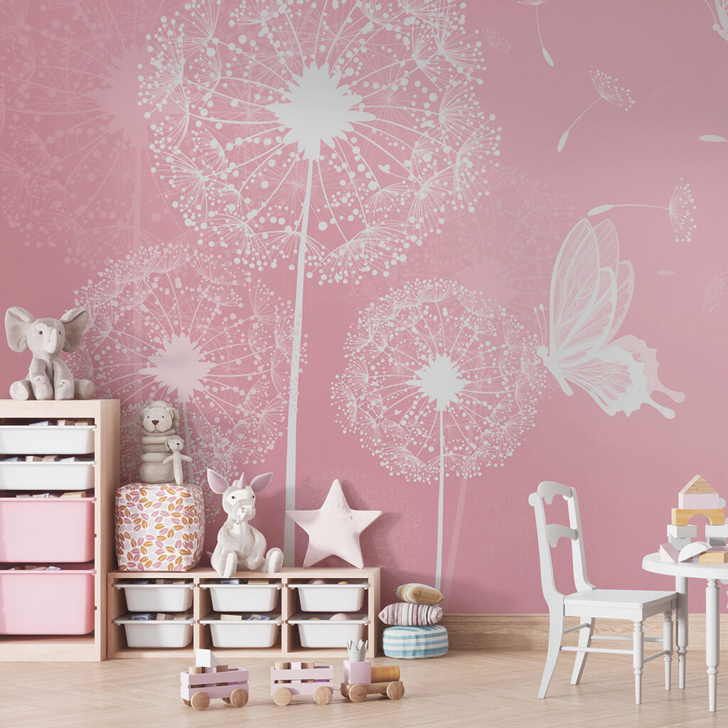 A pink background with white dandelions and butterflies