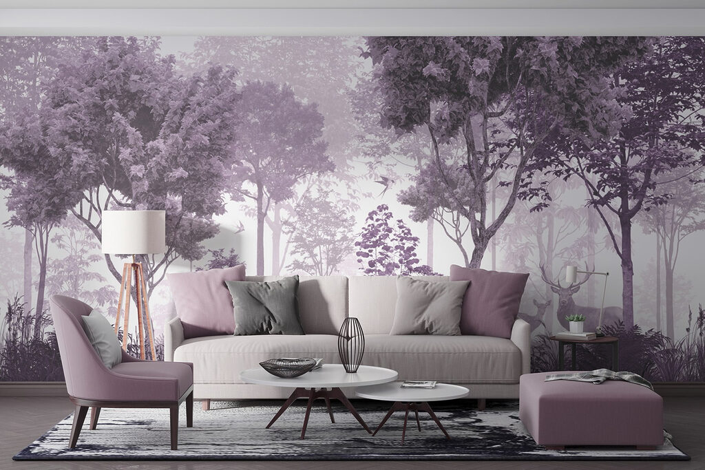 A purple and white image of trees and plants A purple and white image of trees and plants