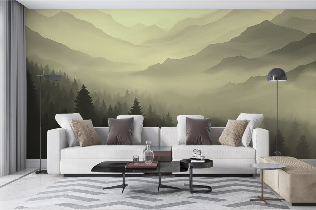 Foggy mountain landscape with trees