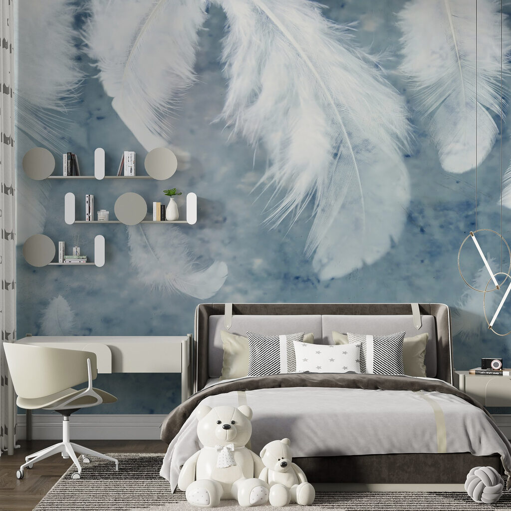 White feathers on a blue surface